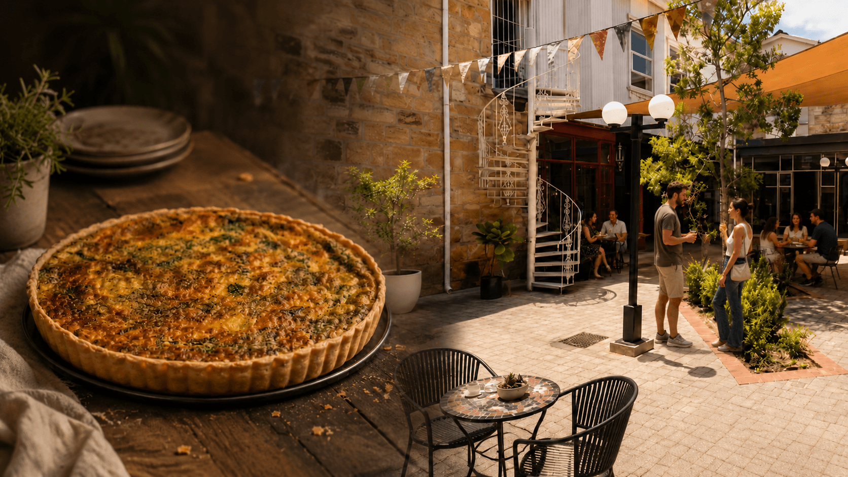 Freshly baked quiche beside a warm Mossel Bay courtyard