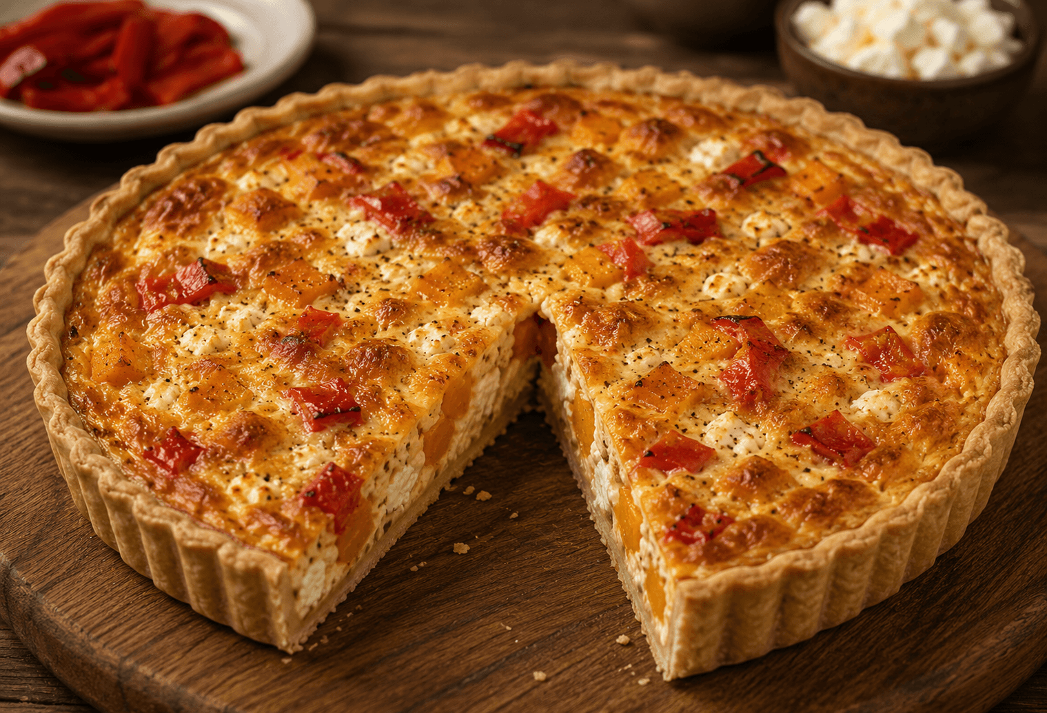 Butternut, feta and pepperdew quiche with a crisp pastry crust